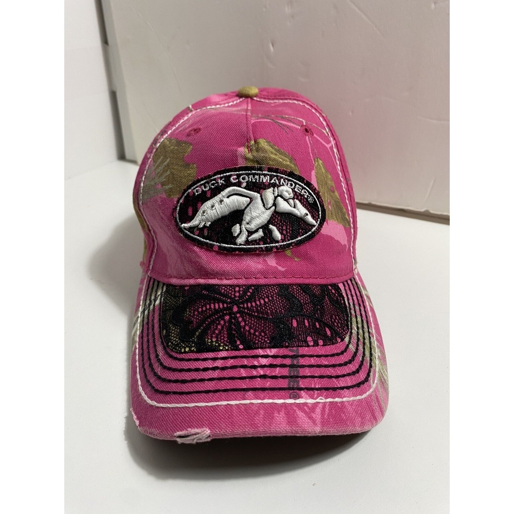 VTG Duck Commander Pink Camo Hat Black Lace Overlay distress women's Adjustable